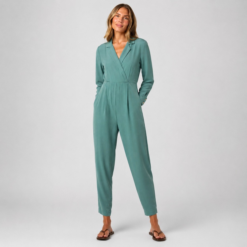 Zara Long Belted Jumpsuit Tapered Turquoise Size L PTP20/l56